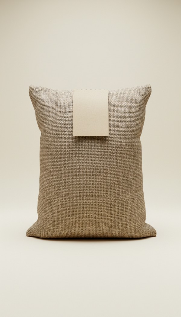 Bulk export lined sack with grading tag displayed on a neutral background.