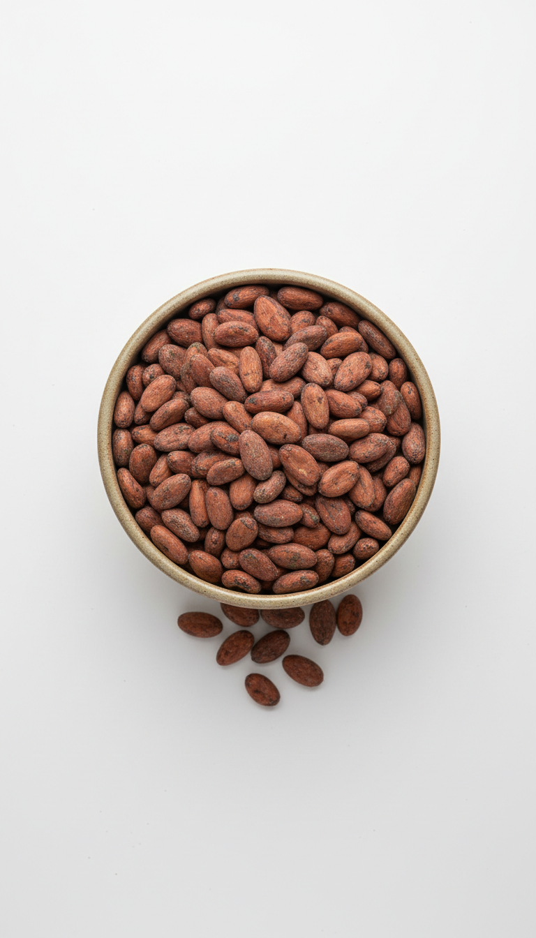 Organic Cocoa Beans in Ceramic Bowl