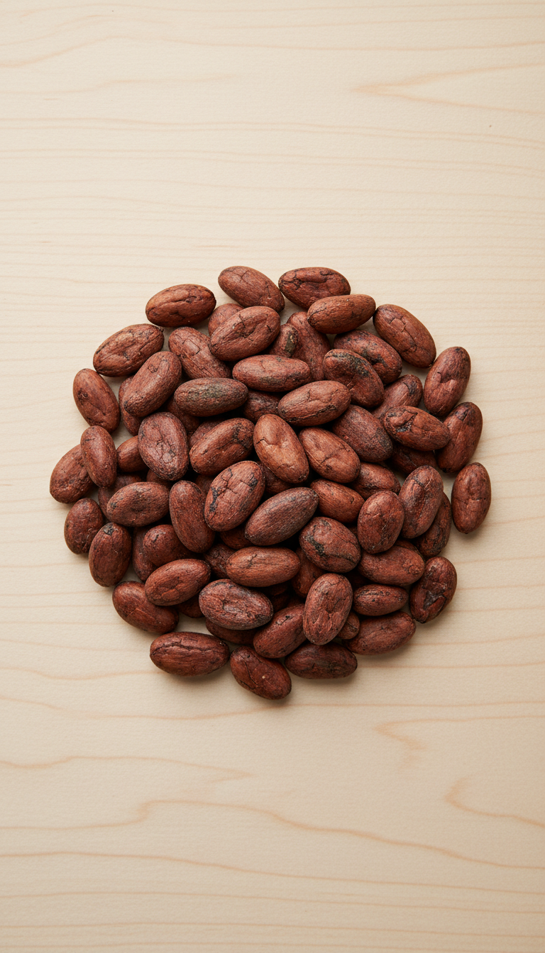 Single-origin cocoa beans on wood