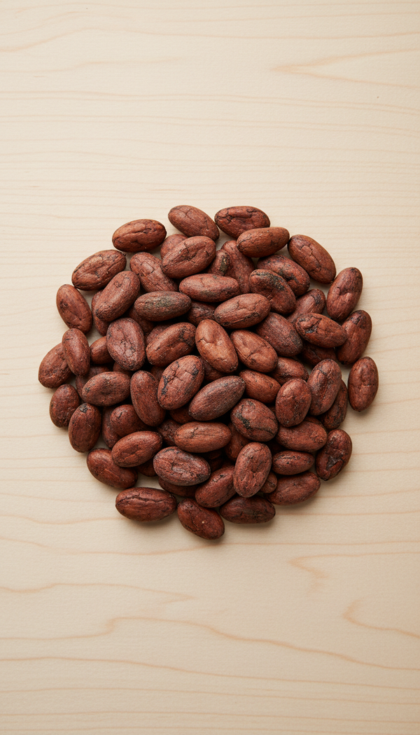 Single-origin cocoa beans on wood arranged on a light wood surface, showcasing their rich color and texture.